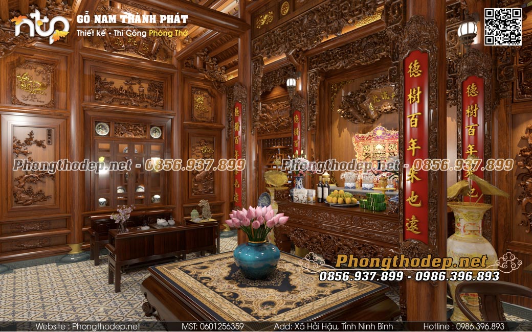 Nội thất phòng thờ 3 gian trong nhà gỗ cổ truyền